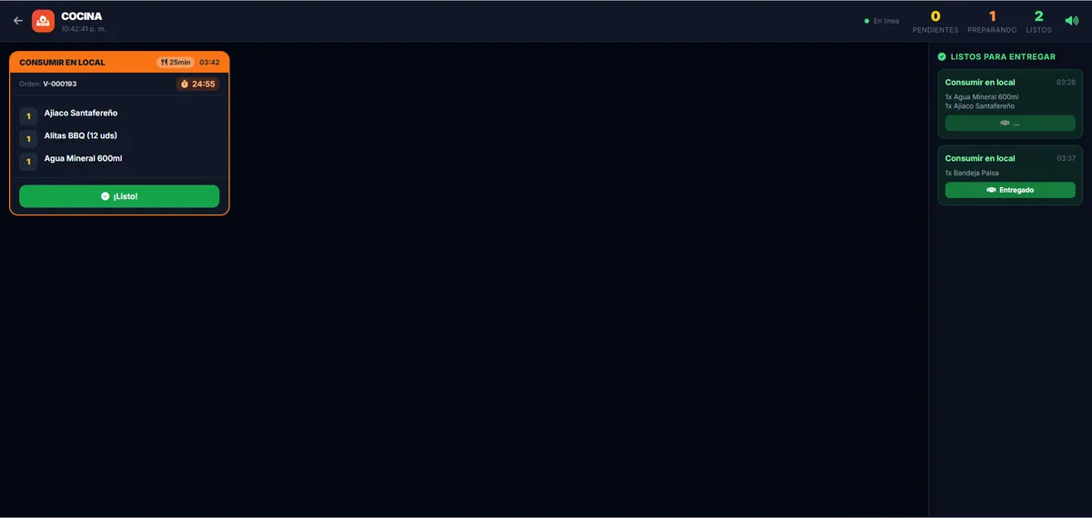 Cocina - Pedidos listos para entregar con panel lateral