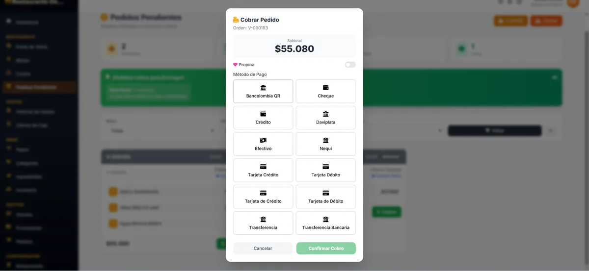 Modal de cobro con múltiples métodos de pago